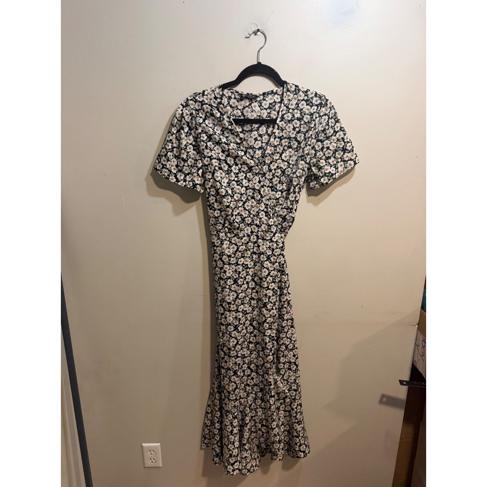 PrettyGarden Floral Wrap Dress Black White Daisy V-Neck Midi Ruffle Hem Medium